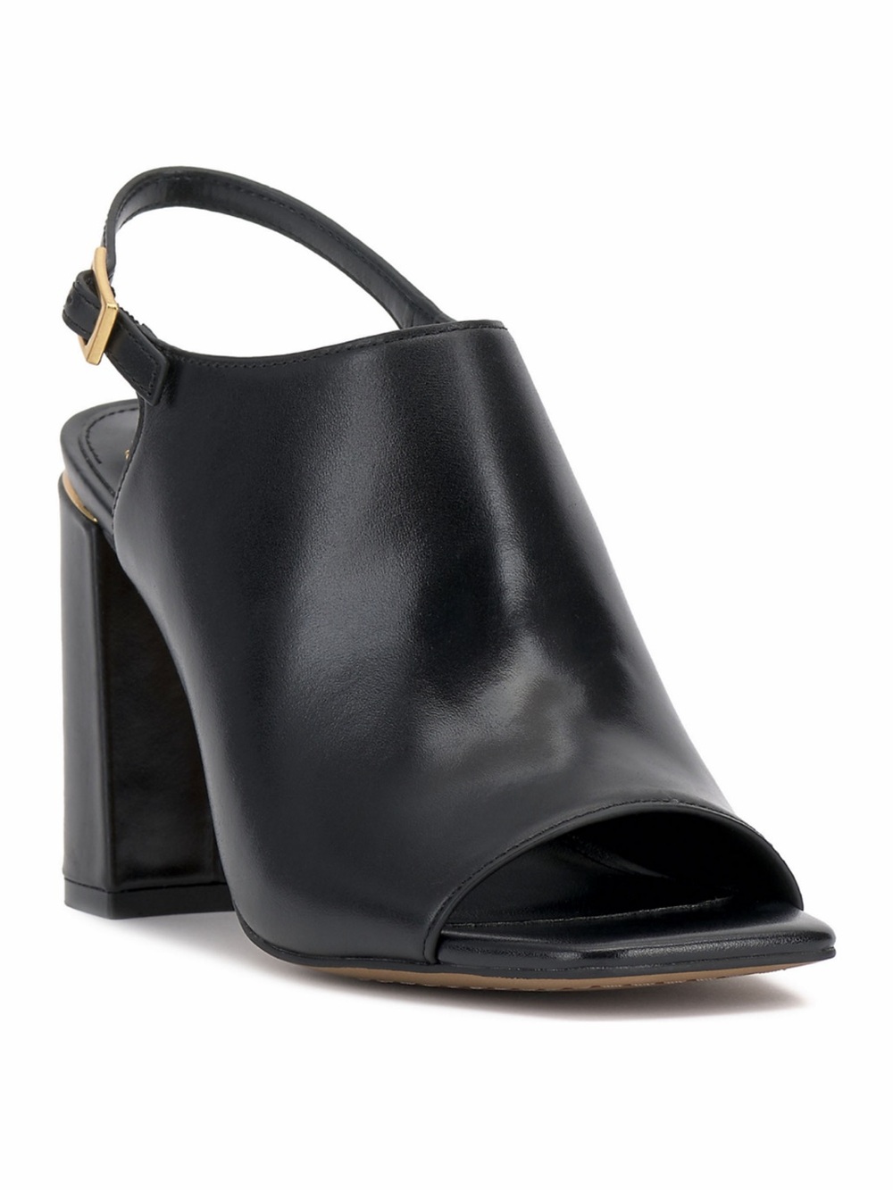 Vince Camuto Black Leather Peep-Toe Slingback Block Heels